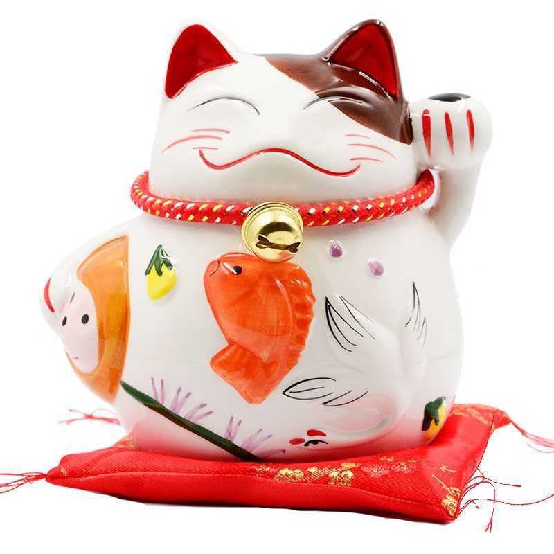 Maneki Neko Tirelire Chat Plutus En Ceramique Blanc Et Copain Grand Model